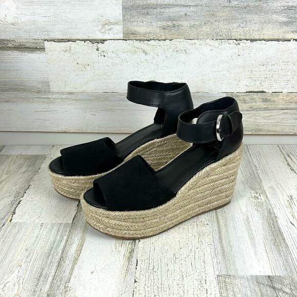 Marc Fisher Women’s 9 Black Leather Suede Buckle Platform Espadrille Sandals NEW - Picture 1 of 10